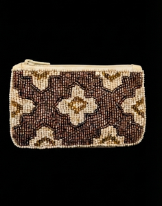 Beaded Cosmetic Pouch With Floral Pattern In Brown And Cream Colors Handcrafted For Women's Accessories - Product Image 4