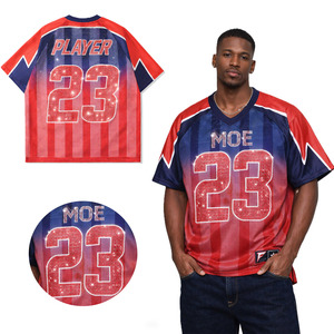 Men Trendy American Football Jersey Rhinestone shaded Blue <b>Red</b> Gradient Mesh V-Neck <b>Glitter</b> Bling Sparkly Team Sportswear Shirt - Product Image 1
