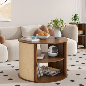 Mesa de centro redonda de estilo bohemio con estantes de almacenamiento de 2 niveles Acabado de tela de saco para sala de estar - Product Image 4
