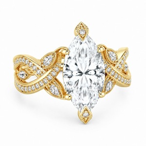 Anillo de compromiso para mujer de oro amarillo de 18 quilates con diamante redondo cultivado en laboratorio, banda ancha con milgrain y diseño de corona real. - Product Image 4