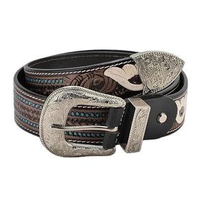 Cinturón Vaquero de Cuero Occidental Hecho a Mano de Primera Calidad con Diseño Floral en Relieve, Hebilla Plateada con Incrustaciones de Piedra Azul, Ligero y Largo - Product Image 2