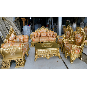Exclusivo Juego de Sofás Estilo Maharaja Tradicional, Acabado Dorado, Muebles de Madera de Teca Sólida Personalizados para Sala de Estar, Madera de Teca Sólida de EE. UU. - Product Image 1