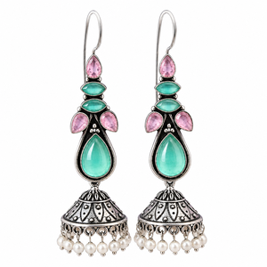 ต่างหูแบบจุมก้าประดับหินตาแมวชุบเงินโบราณ รุ่น ER-012 ยี่ห้อ ARTS JEWELS สำหรับผู้หญิง |   หยดน้ำพลอยสีเขียวชมพู |   สไตล์โบฮีเมียนอินเดีย - Product Image 1
