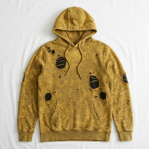 Sudadera con Capucha para Hombre, Corte Regular, Lavada, con Parches Bordados y Decorativos, Diseño Desgastado, Amarilla, Informal, de Felpa Francesa de Algodón - Product Image 5