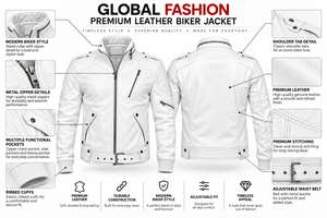 Men's <b>White</b> PU Leather Moto <b>Jacket</b> Stand Collar Zipper Closure Belted Slim Fit <b>Biker</b> Style Autumn Winter Wear - Product Image 6