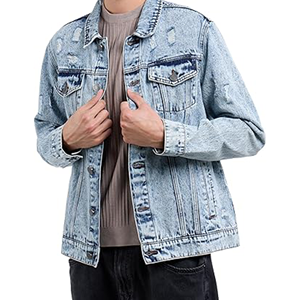 <b>Men's</b> Light Blue Denim <b>Jacket</b> Casual Washed Cotton Loose Fit Turn-down Collar Single Breasted Regular Sleeve - Product Image 1