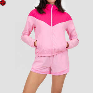 Ensemble de survêtement coupe-vent 2 pièces pour femme, veste zippée intégrale et short, tenue de sport légère à blocs de couleur - Product Image 1