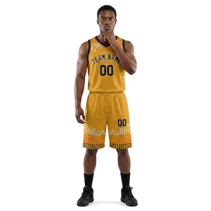 Maillot de basket-ball personnalisé sublimé jaune et noir en mesh, débardeur unisexe adulte respirant en polyester avec impression de logo sur le devant - Product Image 2