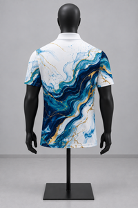 เสื้อโปโลแขนสั้นผู้ชาย พิมพ์ลายดิจิทัลสีน้ำเงินทอง ลายกราฟิกนามธรรม ผ้าถักโพลีเอสเตอร์ ดีไซน์ซิปด้านหน้า สไตล์ลำลอง - Product Image 2