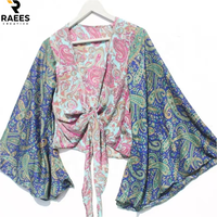 Hippie Retro Vintage Boho Floral Eco-friendly Women's Silk Wrap Crop Top With Bell Sleeves And Tie Front Casual Gift