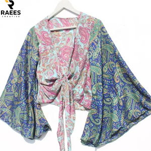 Top Corto de Seda para Mujer, Estilo Hippie Retro Vintage Boho, Floral, Ecológico, con Mangas Campana y Lazo Frontal, Casual, para Regalo - Product Image 2