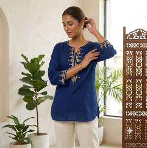 Orange Embroidered Cotton Work Indian Pakistani <b>Top</b> Long Sleeve Muslim <b>Kaftan</b> Tunic Eid Daily Wear Floor-Length Recycled - Product Image 5