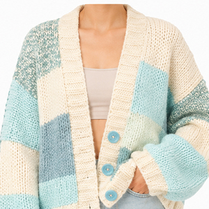 Cardigan en tricot color block pour femme, manches longues, col rond, boutonnage frontal, style décontracté pour l'automne, 100 % acrylique, tricoté à la main, manches bouffantes - Product Image 6