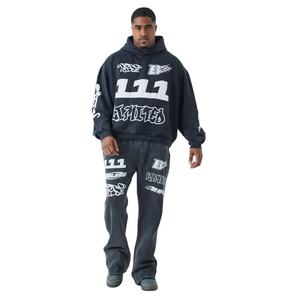 Survêtement personnalisé 100% coton délavé à l'acide survêtements imprimés avec jambe large patchwork évasé pantalon et sweat à capuche en détresse pour l'hiver - Product Image 1