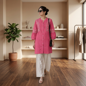 Kurti en coton rose brodé avec pantalon ample pour femmes, style indien, de Samp Corporation - Product Image 6
