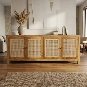 Buffet de rangement en rotin et teck à 4 portes avec panneaux tressés et poignées, pieds droits, pour hôtellerie, salon et hôtel - Product Image 6