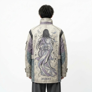 <b>Mens</b> Distressed Vintage <b>Long</b> Leather <b>Coat</b> Anime Spirit Graphic Stand Collar Windbreaker Harajuku Streetwear Outerwear - Product Image 2