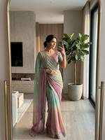Saree Chiffon Pedding dengan Bordir Payet, Pinggiran Tebal, dan Latkan, Dipadukan dengan Blus Bordir Jahitan Lengkap