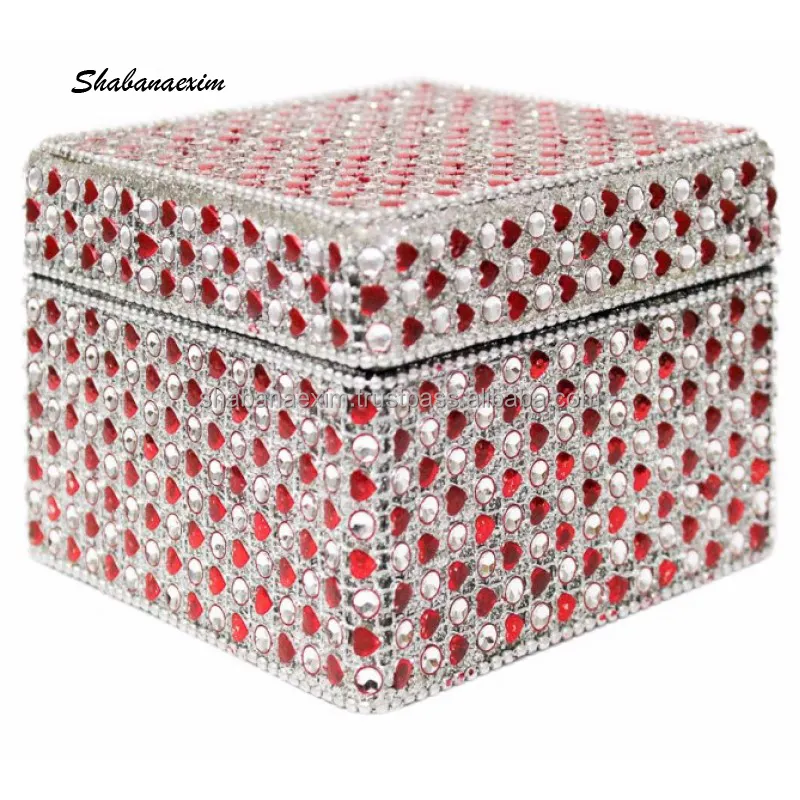 Big Square Jewelry Pill Box Custom Logo Trinket Storage Box DIY Craft Pink Silver Glitter Beaded Jaipuri Jewelry Box