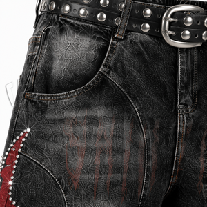 Jean en denim taille haute à jambe large pour homme, en coton, style punk, avec rivets et déchirures, coupe ample, streetwear automne - Product Image 6