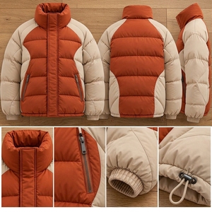 Unisex Orange Beige Color Puffer Jacket Quilted Winter <b>Coat</b> <b>Stand</b> Collar Zip Up Outdoor Streetwear Custom Private Label OEM ODM - Product Image 3