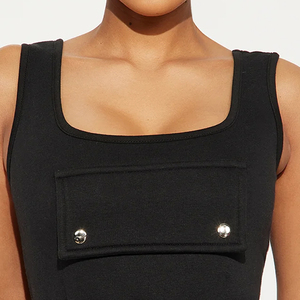 Women 2 Piece Black Knitted Crop Top And Shorts <b>Set</b> With Pocket Design <b>Square</b> Collar Casual Wear Spring Summer Style Trendy Wear - Product Image 5