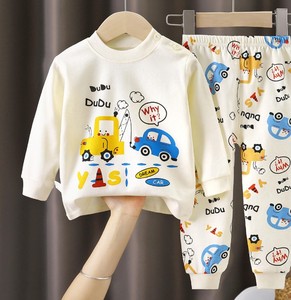 Ensemble de pyjamas à manches longues pour enfants avec imprimé de dessins animés mignons, à porter au printemps, blanc avec des étoiles et des ours noirs, 100% coton - Product Image 5