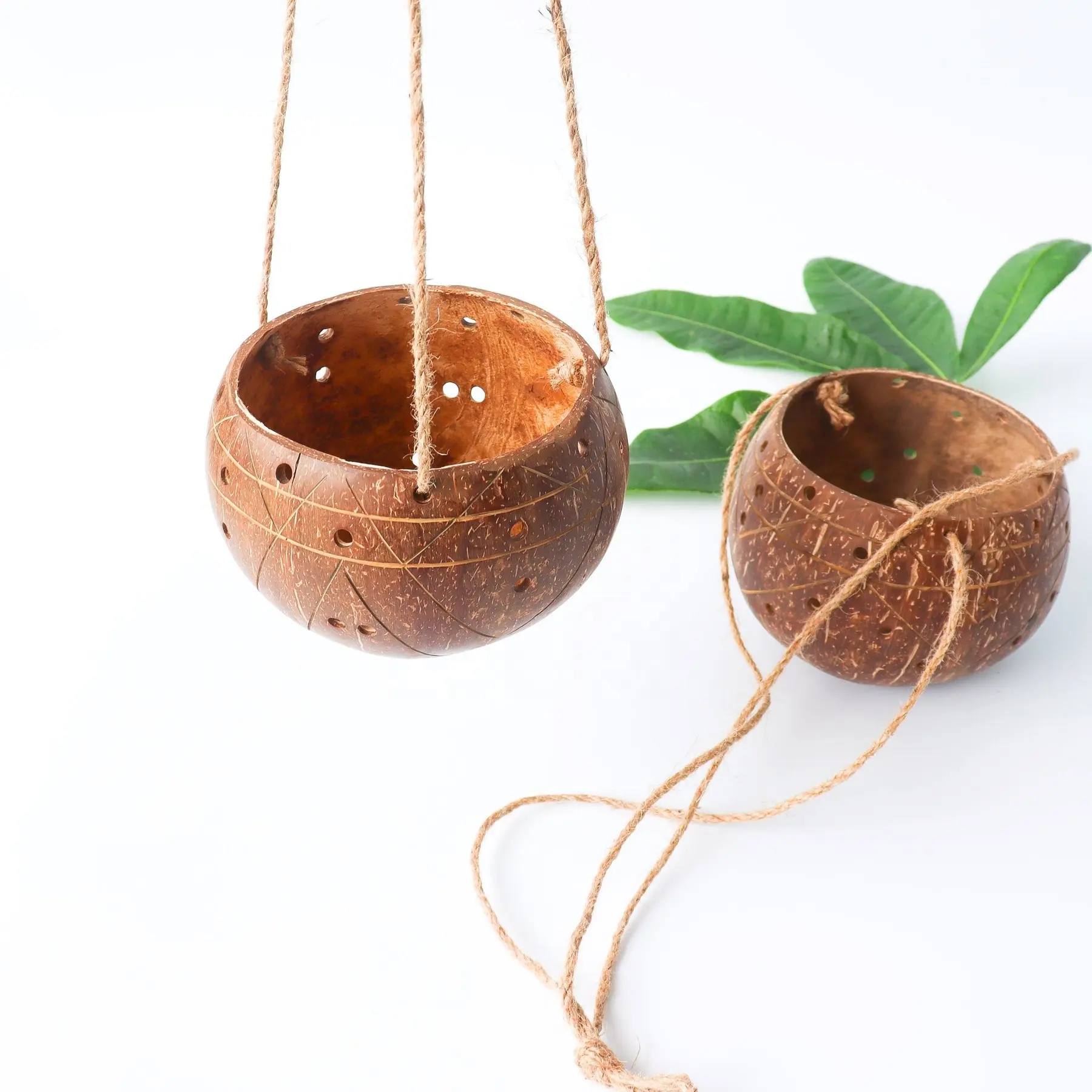 Vaso de côco natural de alta qualidade, pendurado, vasos de plantas feitos à mão, potes de flores e planejadores em viet na