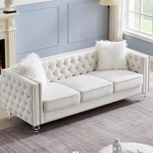 Beige 2+3 Seat Velvet Crystal Buckle <b>Sofa</b> Set Living Room with Removable Cushion & Four Plush Pillows Crystal <b>Feet</b> - Product Image 3