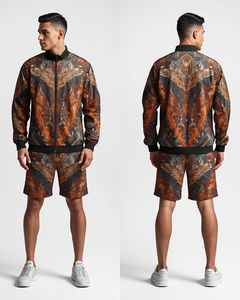 Conjunto de chándal de dos piezas para hombre con estampado de bloques de color por sublimación, estilo urbano de verano, manga larga, cierre de cremallera, ajuste holgado y cuello alto. - Product Image 1
