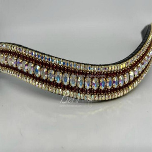 Bandas para cejas de caballo de cuero de vaca de grano superior en cuero de lujo con acabado negro, 5 filas de perlas y cristales multicolores, banda para cejas con brida ostentosa - Product Image 6