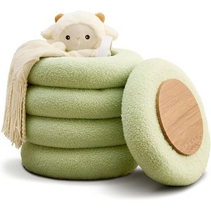 Pouf Contenitore Rotondo Moderno in Sherpa con Vassoio Ribaltabile, Sgabello da Toeletta in Teddy, Sedia Imbottita per Trucco, Arredo Casa - Product Image 1