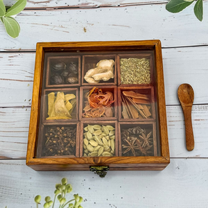 Wooden Spice <b>Box</b> With Glass Lid 9 Compartments For Kitchen Storage Traditional Carved Design by blossom craft india - Product Image 1