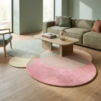 Tapis rectangulaire moderne en laine tufté à la main, à poils moyens, lavable, motif cercles abstraits superposés, style géométrique nordique, pour salon