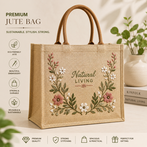 Bolsa de Yute Premium con Bordado Floral, Bolsa de Compras Reutilizable Ecológica, Estilo Bohemio, Diseño Natural, para la Playa o Uso Diario - Product Image 1