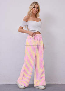 Pantalon à rayures avec cordon de serrage 100% coton Pantalon ample à jambes larges Pantalon décontracté à taille basse Pantalon de salon confortable avec poches - Product Image 6