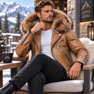 Genuine Python Leather Motorcycle <b>Jacket</b> With Fox <b>Fur</b> <b>Hood</b> | Herren Lederjacke | Chaqueta de Cuero Python Hombre - Product Image 6