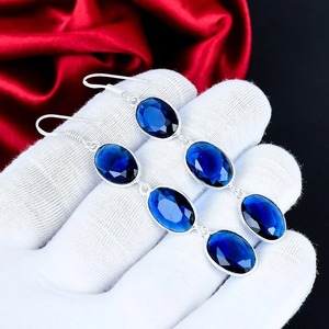 Pendientes de Zafiro Azul, Corte Ovalado, Plata de Ley 925, Pendientes Colgantes Hechos a Mano para Mujer - Product Image 1
