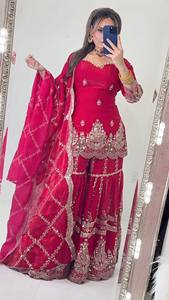 Fandy Crush Silk 5mm Sequin <b>Embroidered</b> Short <b>Tunic</b> Flared Sharara Matching Scarf 3 Piece Stitched Set MW 1297 - Product Image 4
