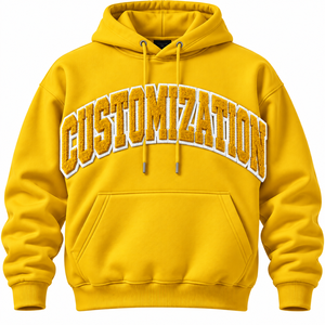 Men's <b>Yellow</b> Hooded Pullover Sweatshirt Applique Letter Front Pocket Drawstring Casual <b>Hoodie</b> - Product Image 1