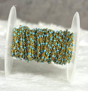 2mm Turquoise Beads <b>Rosary</b> Chain Gold Plated Brass Wire Wrapped Beaded Chain by the Foot for Jewelry Making DIY Necklace - Product Image 1