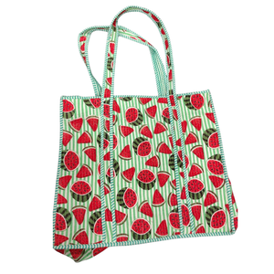 Watermelon Block Print Cotton <b>Canvas</b> <b>Tote</b> Bag Summer Fashionable Design Zip Closure Shopping Bag Eco Friendly Durable Daily Use - Product Image 1