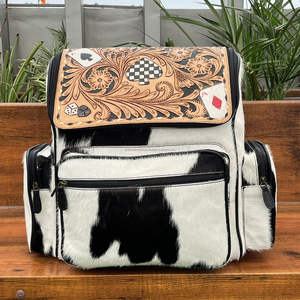 2025 New Arrival Travel Backpack Hand Tooled <b>Leather</b> Checkered Pattern Large Size Cowhide <b>Leather</b> Diaper <b>Bags</b> Backpack for Women - Product Image 4