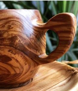 Tasse à thé ou à café artisanale en bois d'olivier avec soucoupe en bois assortie, tasse à thé en bois naturel, vaisselle rustique écologique, ensemble cadeau - Product Image 5
