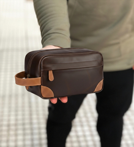 Classic Leather Toiletry Bag Rectangle Shape Durable Travel Storage Bag for Men <b>Brown</b> with Tan Accents - Product Image 5