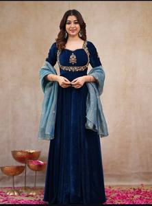 Conjunto de Kurti de Terciopelo Largo hasta el Suelo de Secado Rápido para Mujer, Traje Étnico de 3 Piezas con Dupatta, Vestido Tradicional para Fiesta de Boda - Product Image 2