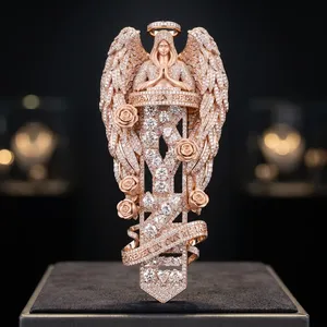 Colgante de Ángel con Alas de Moissanita y Rosas, Otros Dijes, Oro Rosa, Joyería Unisex para Fiesta Hip Hop, Chapado en Oro, Peso Personalizado - Product Image 1