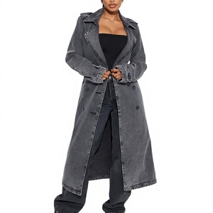 Abrigo de mezclilla lavado a la piedra para mujer, estilo gabardina, largo, con botones frontales, doble botonadura, corte holgado, vintage, casual, para otoño, OEM ODM - Product Image 1