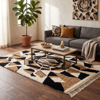 Black Camel Ivory Abstract Geometric Terrazzo-Inspired Rug 100% New Zealand Wool Shag Carpet High/Low Texture Fringe Washable