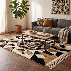 Tapis en laine 100% néo-zélandaise, style géométrique abstrait terrazzo, noir, camel, ivoire, à poils longs/courts, lavable - Product Image 3